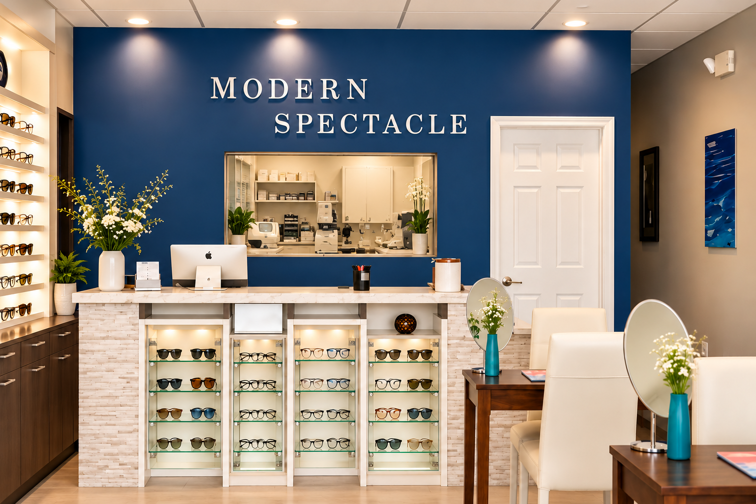 Interior of the Modern Spectacle optical boutique with eyewear displays, a blue feature wall, and an illuminated front counter