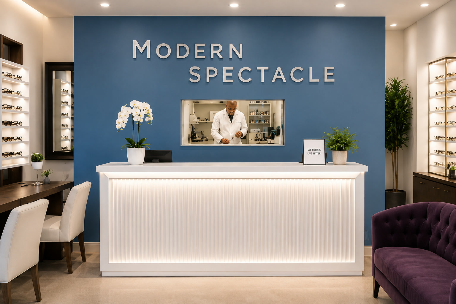 Interior of the Modern Spectacle optical boutique with eyewear displays, a blue feature wall, and an illuminated front counter