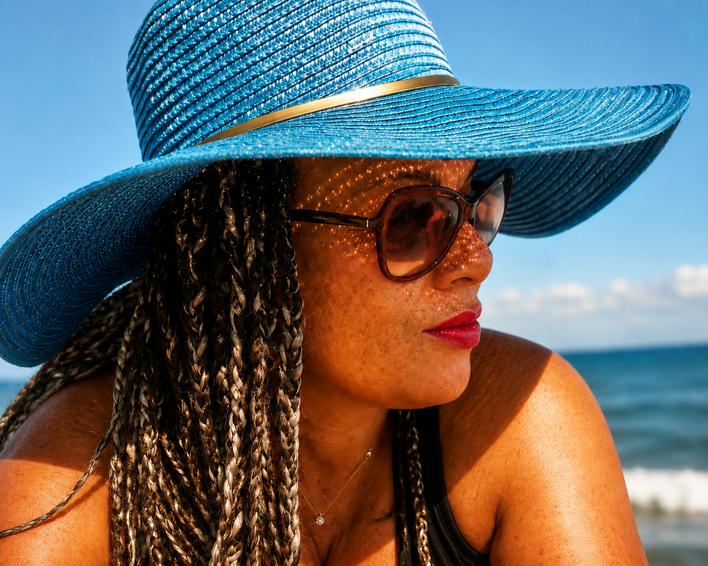 The founder of Modern Spectacle wearing sunglasses and a blue hat